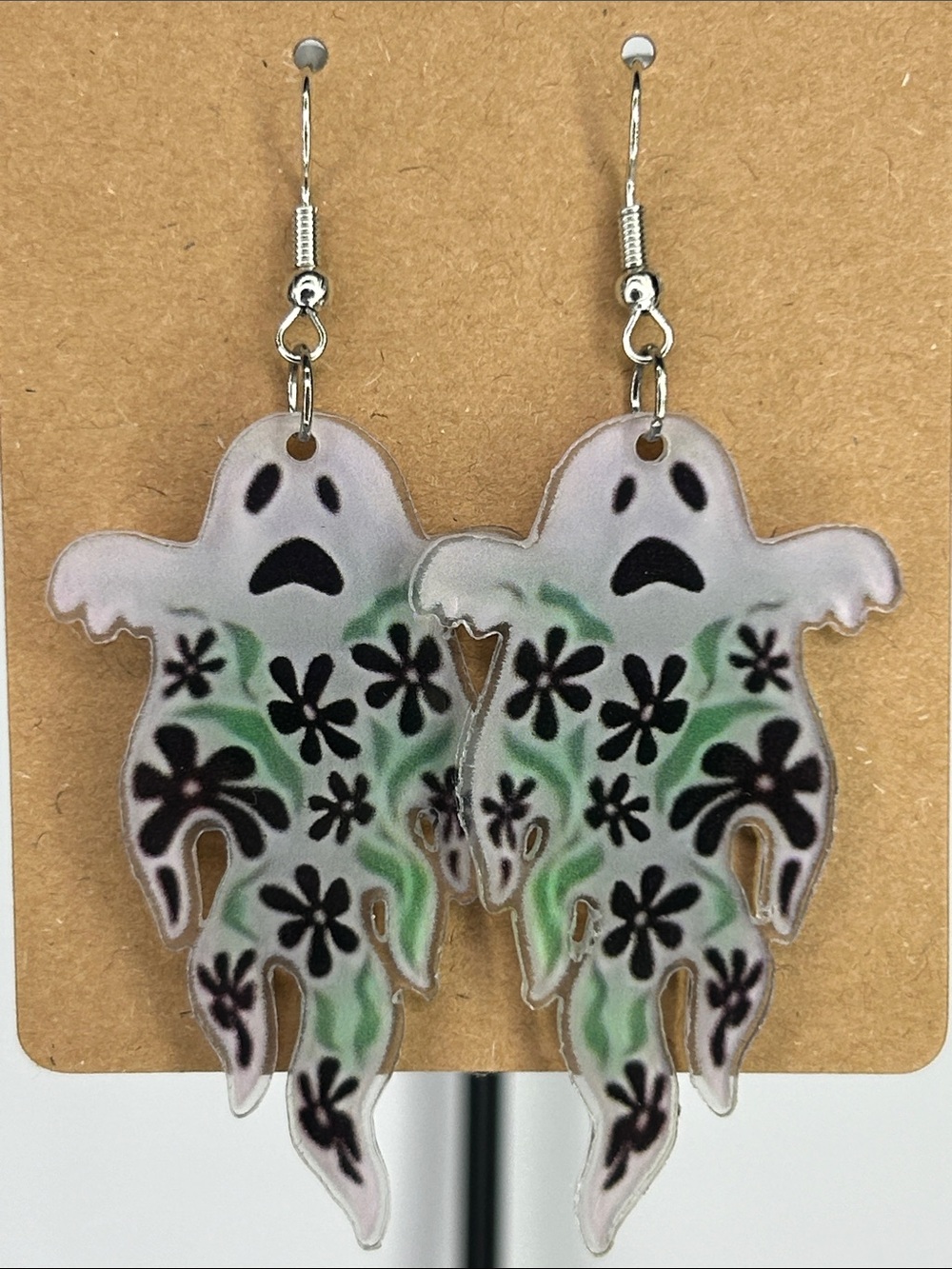 Floral Ghost Dangle Earrings White and Green Fashion Jewelry Halloween Acrylic
